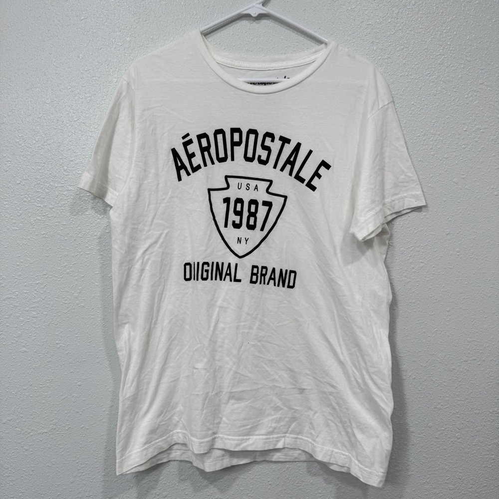 Aeropostale Mens‎ White Graphic T-Shirt USA 1987 NY Shield Logo Size Large